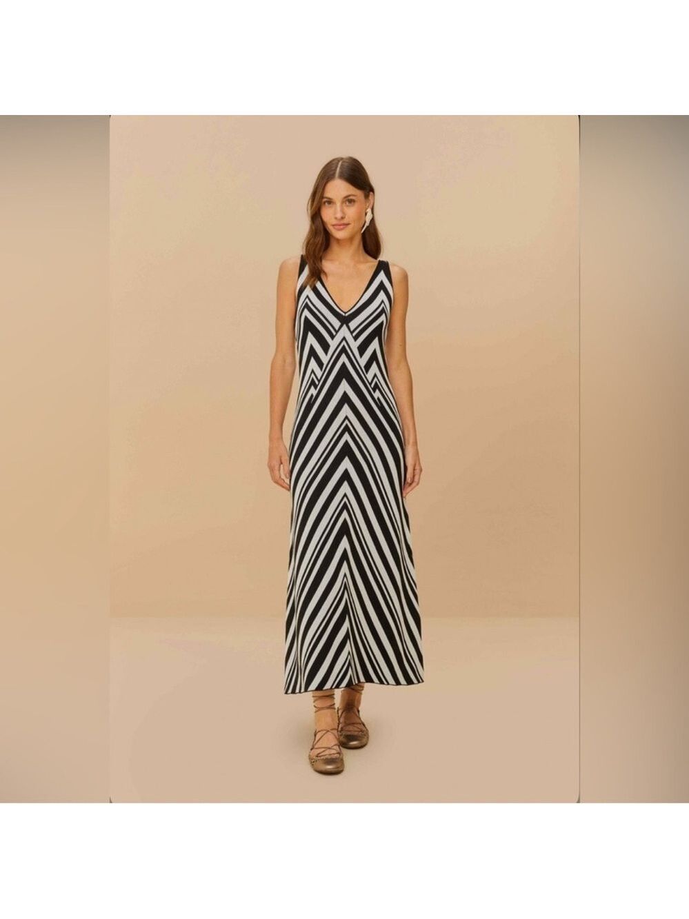 Farm Rio Black And White Stripes Knit Midi Dress